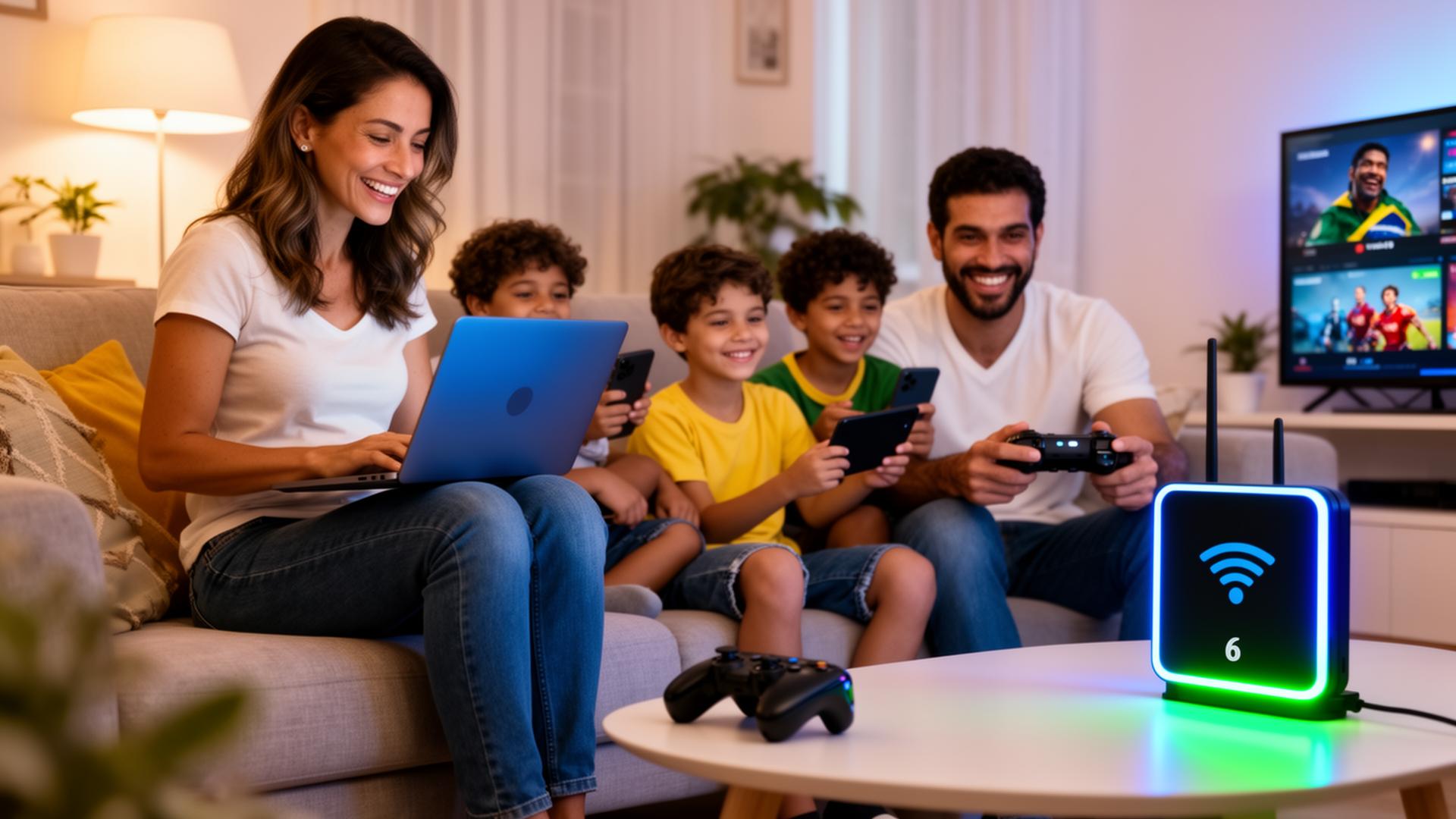 Família conectada com internet fibra Wi-Fi 6 da Japanet