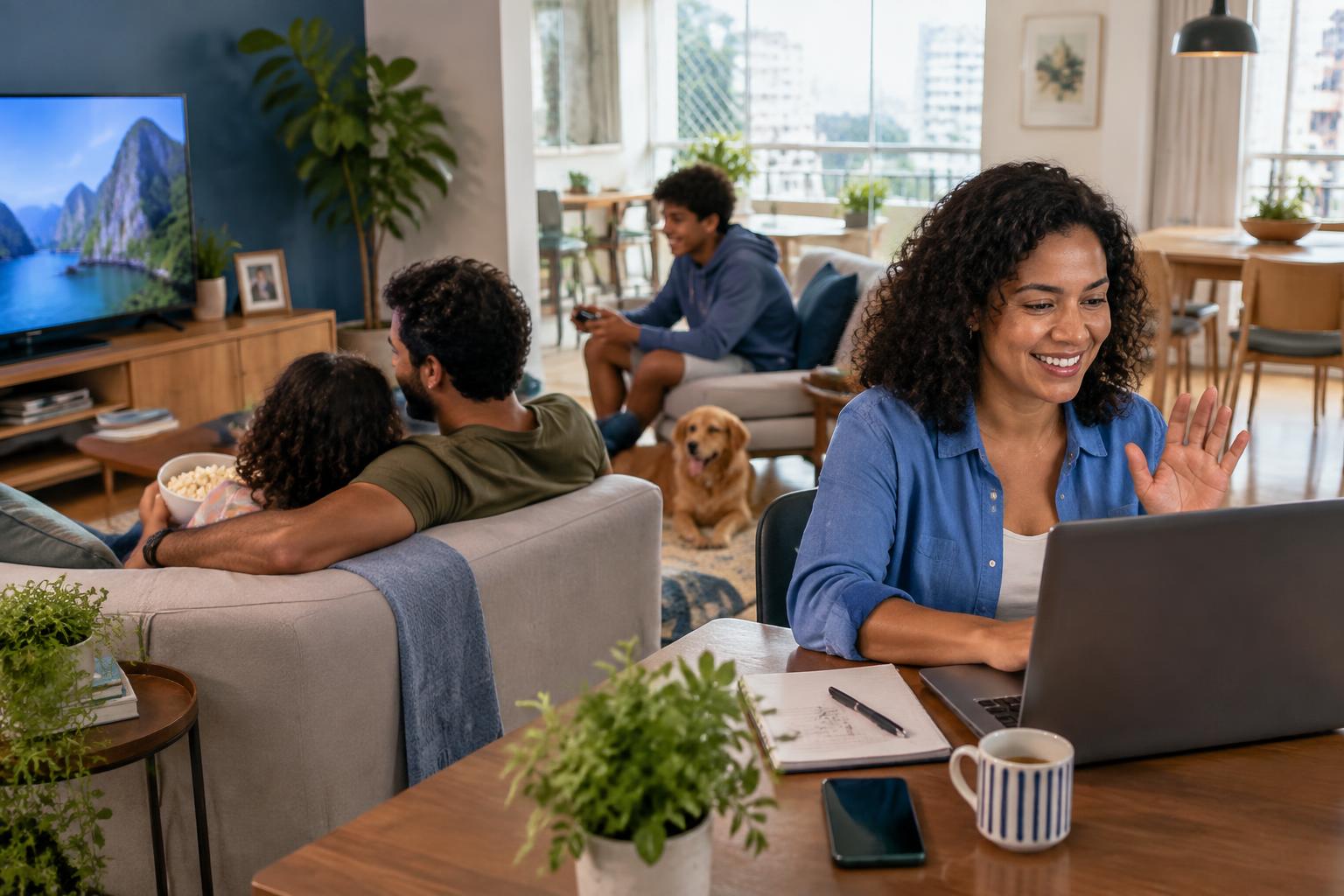 Família conectada ao mesmo tempo para trabalhar, assistir e jogar com Wi-Fi 7